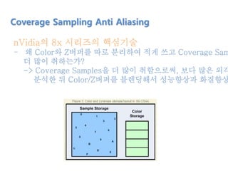 nVidia의 8x 시리즈의 핵심기술
- 왜 Color와 Z버퍼를 따로 분리하여 적게 쓰고 Coverage Sam
더 많이 취하는가?
-> Coverage Samples을 더 많이 취함으로써, 보다 많은 외각
분석한 뒤 Color/Z버퍼를 블렌딩해서 성능향상과 화질향상
Coverage Sampling Anti Aliasing
 