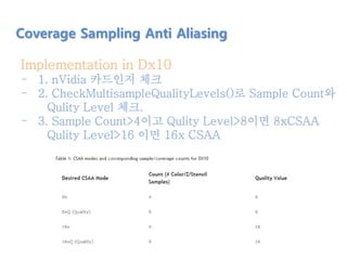Implementation in Dx10
- 1. nVidia 카드인지 체크
- 2. CheckMultisampleQualityLevels()로 Sample Count와
Qulity Level 체크.
- 3. Sample Count>4이고 Qulity Level>8이면 8xCSAA
Qulity Level>16 이면 16x CSAA
Coverage Sampling Anti Aliasing
 