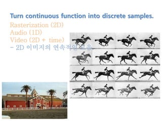 Turn continuous function into discrete samples.
Rasterization (2D)
Audio (1D)
Video (2D + time)
- 2D 이미지의 연속적인 모음.
 