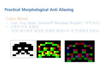 Practical Morphological Anti Aliasing
Color Blend
- Left, Top, Right, Bottom의 Blending Weight는 각각 R,G,B
- 4개의 이웃 블렌딩 :
이전 패스에서 계산된 블렌딩 웨이트가 각 픽셀에서 이웃들과
 