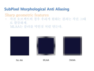 SubPixel Morphological Anti Aliasing
Sharp geometric features
- 각진 오브젝트의 경우 우리가 원하는 결과는 각진 그대
로 깔끔하게.
MLAA는 블러를 먹인것 처럼 만든다.
 