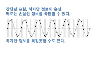 간단한 표현, 하지만 정보의 손실.
때로는 손실된 정보를 복원할 수 있다.
하지만 정보를 복원못할 수도 있다.
 