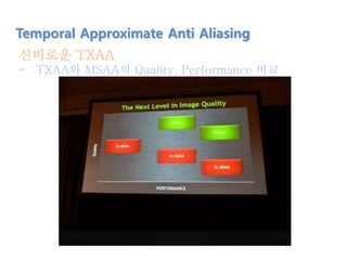 신비로운 TXAA
- TXAA와 MSAA의 Quality, Performance 비교
Temporal Approximate Anti Aliasing
 
