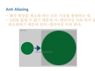 - 왜곡 현상을 최소화 하는 모든 기술을 총괄하는 말.
- 100% 없앨 수 없기 때문에 디-앨리어싱 이라 하지 않
최소화하기 때문에 안티-앨리어싱 이라 한다.
Anti Aliasing
 