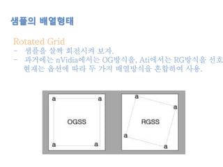 샘플의 배열형태
Rotated Grid
- 샘플을 살짝 회전시켜 보자.
- 과거에는 nVidia에서는 OG방식을, Ati에서는 RG방식을 선호
현재는 옵션에 따라 두 가지 배열방식을 혼합하여 사용.
 