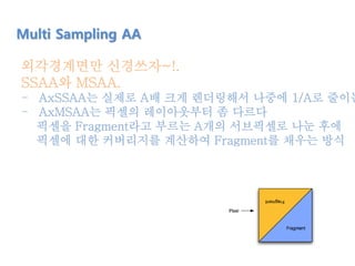 Multi Sampling AA
외각경계면만 신경쓰자~!.
SSAA와 MSAA.
- AxSSAA는 실제로 A배 크게 렌더링해서 나중에 1/A로 줄이는
- AxMSAA는 픽셀의 레이아웃부터 좀 다르다
픽셀을 Fragment라고 부르는 A개의 서브픽셀로 나눈 후에
픽셀에 대한 커버리지를 계산하여 Fragment를 채우는 방식
 