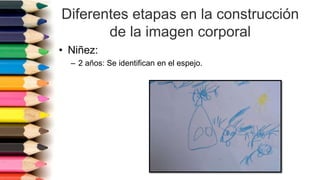 Diferentes etapas en la construcción
de la imagen corporal
• Niñez:
– 2 años: Se identifican en el espejo.
 