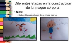 Diferentes etapas en la construcción
de la imagen corporal
• Niñez:
– 3 años: Son conscientes de su propio cuerpo.
 