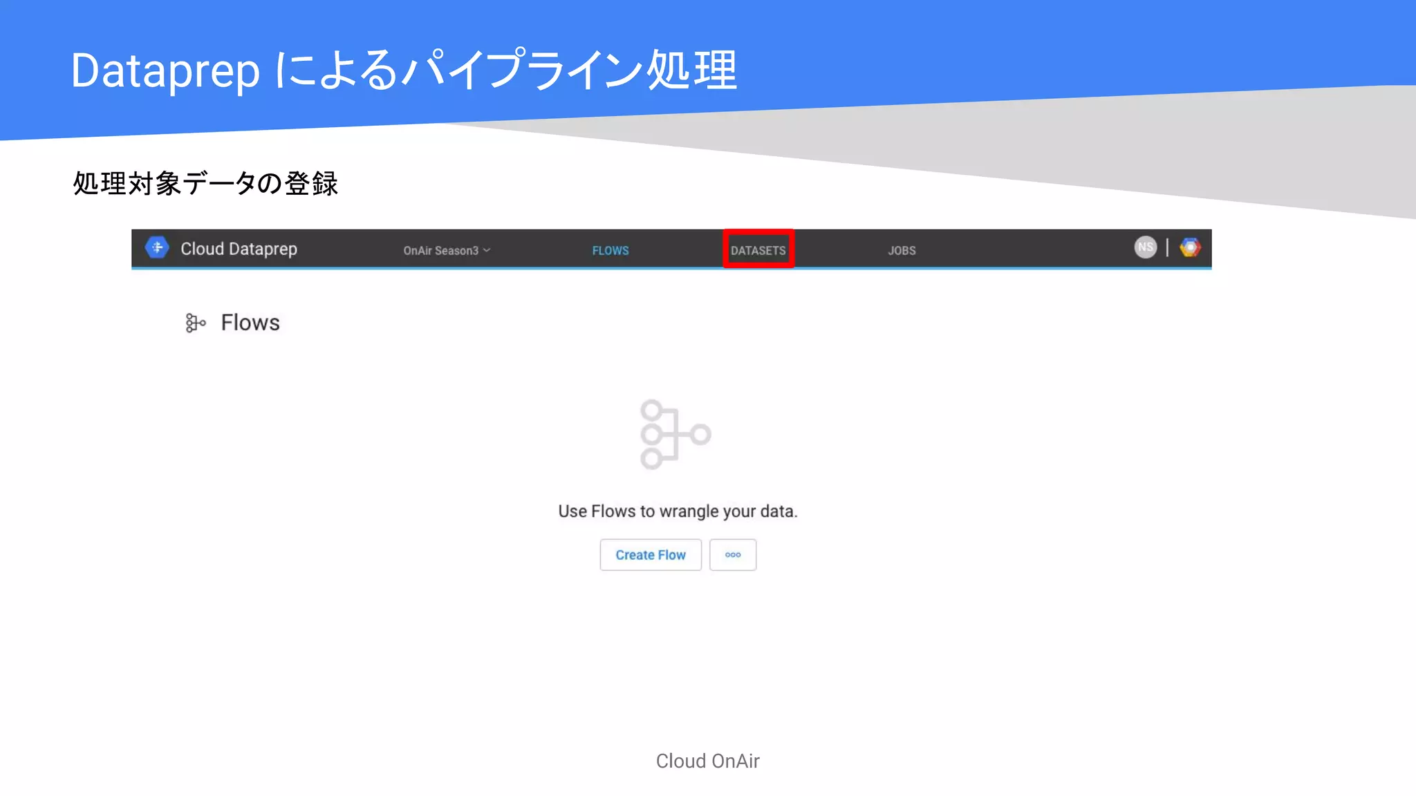 Cloud OnAir
Dataprep によるパイプライン処理
処理対象データの登録
 