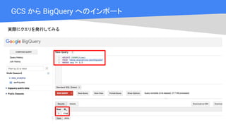 Cloud OnAir
GCS から BigQuery へのインポート
実際にクエリを発行してみる
 