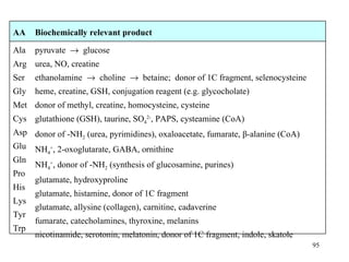 pyruv ate      glu cose urea , NO,  creatine ethanolamin e      cholin e      betain e ;  donor  of  1C fragment , selenocysteine hem e ,  c reatin e , GSH,  c onjuga tion reagent  ( e.g . gly c ochol ate ) donor  of  methyl,  c reatin e , homocystein e, cysteine glutathione ( GSH ) , taurin e , SO 4 2- ,  PAPS,  cysteamin e  (CoA) d onor  of  -NH 2  (urea, pyrimidin es ),  oxaloacetate,  fumar ate ,  β -alanin e  (CoA) NH 4 + ,  2-oxoglutar ate , GABA , ornithine NH 4 + , d onor  of  -NH 2  (synt hesis of  glu c osamin e , purin es ) glutamate,  hydroxyprolin e glutamate,  histamin e , donor  of  1C fragment glutamate,  allysin e  ( collagen ),  c arnitin e ,  c adaverin e fumar ate ,  c atecholamin es , thyroxin e , melanin s ni c otinamid e , serotonin, melatonin,   donor  of  1C fragment , indole, skatole Ala Arg Ser Gly Met Cys Asp Glu Gln Pro His Lys Tyr Trp Biochemic ally relevant  produ c t A A 