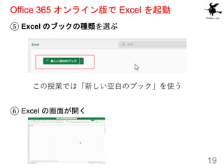 Office 365 オンライン版で Excel を起動
⑤ Excel のブックの種類を選ぶ
この授業では「新しい空白のブック」を使う
⑥ Excel の画面が開く
19
 