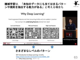 63
MIT Introduction to Deep Learning | 6.S191,
https://www.youtube.com/watch?v=5tvmMX8r_OM
の「Why Deep Learning」のページ
機械学習は，「未知のデータにも当てはまるパター
ンや規則を抽出する能力がある」と考える場合も
さまざまなレベルのパターン
 