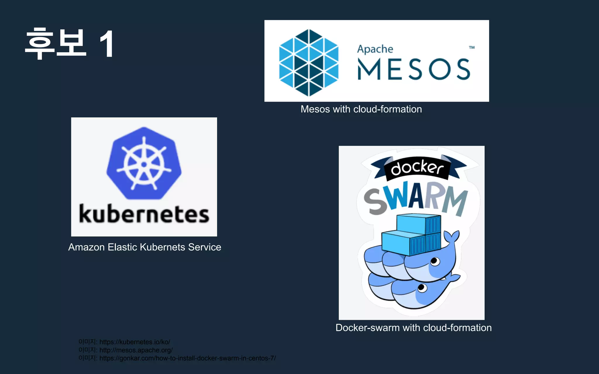 : https://kubernetes.io/ko/
: http://mesos.apache.org/
: https://gonkar.com/how-to-install-docker-swarm-in-centos-7/
1
Amazon Elastic Kubernets Service
Docker-swarm with cloud-formation
Mesos with cloud-formation
 