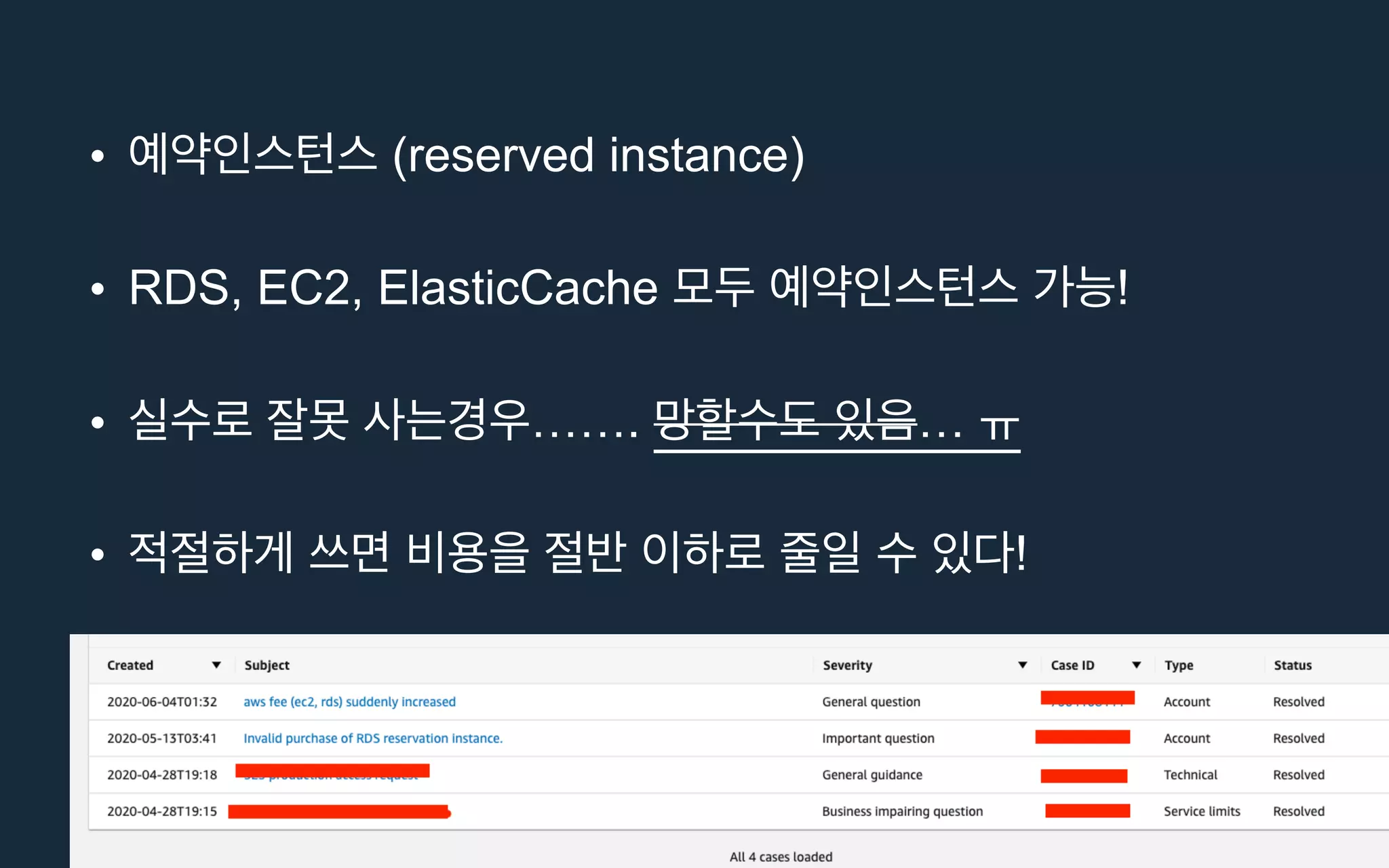 • (reserved instance)
• RDS, EC2, ElasticCache !
• ……. …
• !
 
