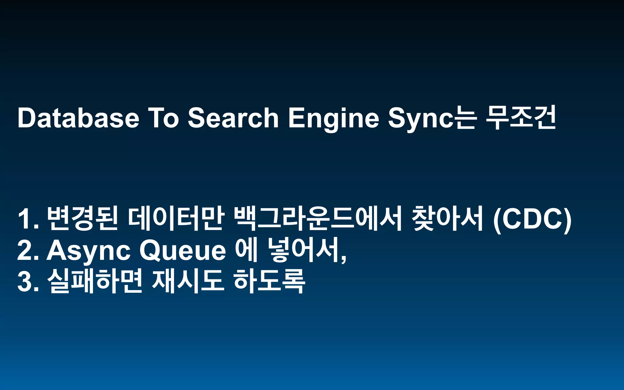 Database To Search Engine Sync
1. (CDC)
2. Async Queue ,
3.