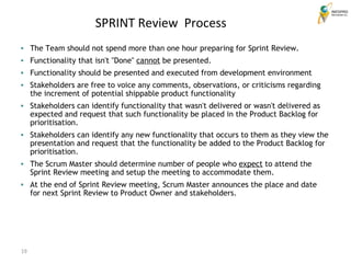 19
SPRINT Review Process
• The Team should not spend more than one hour preparing for Sprint Review.
• Functionality that isn't "Done" cannot be presented.
• Functionality should be presented and executed from development environment
• Stakeholders are free to voice any comments, observations, or criticisms regarding
the increment of potential shippable product functionality
• Stakeholders can identify functionality that wasn't delivered or wasn't delivered as
expected and request that such functionality be placed in the Product Backlog for
prioritisation.
• Stakeholders can identify any new functionality that occurs to them as they view the
presentation and request that the functionality be added to the Product Backlog for
prioritisation.
• The Scrum Master should determine number of people who expect to attend the
Sprint Review meeting and setup the meeting to accommodate them.
• At the end of Sprint Review meeting, Scrum Master announces the place and date
for next Sprint Review to Product Owner and stakeholders.
 
