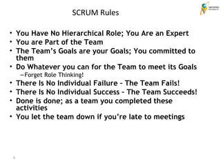 6
SCRUM Rules
• You Have No Hierarchical Role; You Are an Expert
• You are Part of the Team
• The Team’s Goals are your Goals; You committed to
them
• Do Whatever you can for the Team to meet its Goals
–Forget Role Thinking!
• There Is No Individual Failure – The Team Fails!
• There Is No Individual Success – The Team Succeeds!
• Done is done; as a team you completed these
activities
• You let the team down if you’re late to meetings
 