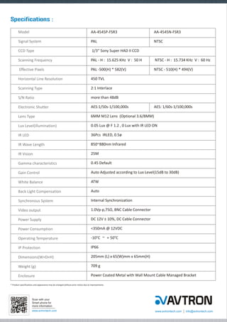 Avtron IR bullet CCTV Camera Aa 4545 p-fsr3-datasheet