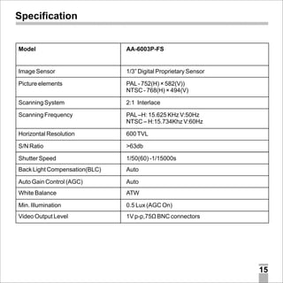 Specification

Model

AA-6003P-FS

Image Sensor

1/3” Digital Proprietary Sensor

Picture elements

PAL - 752(H) × 582(V))
NTSC - 768(H) × 494(V)

Scanning System

2:1 Interlace

Scanning Frequency

PAL –H: 15.625 KHz V:50Hz
NTSC – H:15.734Khz V:60Hz

Horizontal Resolution

600 TVL

S/N Ratio

>63db

Shutter Speed

1/50(60) -1/15000s

Back Light Compensation(BLC)

Auto

Auto Gain Control (AGC)

Auto

White Balance

ATW

Min. Illumination

0.5 Lux (AGC On)

Video Output Level

1V p-p,75Ù BNC connectors

15

 