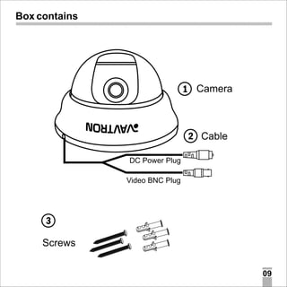 Box contains

1 Camera

2 Cable
DC Power Plug
Video BNC Plug

3
Screws
09

 