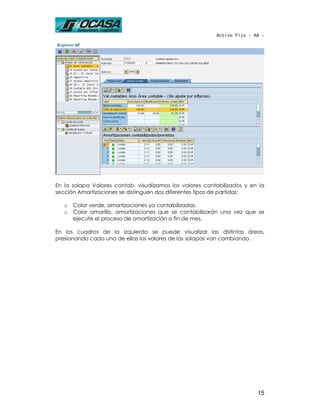 Activo Fijo - AA -




En la solapa Valores contab. visualizamos los valores contabilizados y en la
sección Amortizaciones se distinguen dos diferentes tipos de partidas:

   o   Color verde, amortizaciones ya contabilizadas.
   o   Color amarillo, amortizaciones que se contabilizarán una vez que se
       ejecute el proceso de amortización a fin de mes.

En los cuadros de la izquierda se puede visualizar las distintas áreas,
presionando cada una de ellas los valores de las solapas van cambiando.




                                                                         15
 