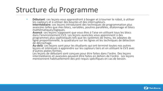 Structure du Programme
• Débutant: ces leçons vous apprendront à bouger et à tourner le robot, à utiliser
les capteurs et à utiliser des boucles et des interrupteurs.
Intermédiaire: ces leçons introduisent des techniques de programmation plus
avancées telles que mes blocs, variables, poutres parallèles, étalonnage et blocs
mathématiques/logiques.
Avancé: ces leçons supposent que vous êtes à l'aise en utilisant tous les blocs
dans l'environnement EV3. Les leçons avancées vous apprennent à des
programmes plus sophistiqués tels que les systèmes de menu, les adeptes de
ligne proportionnelle, la quadrature sur les lignes et les techniques de détection
de décrochage.
Au-delà: ces leçons sont pour les étudiants qui ont terminé toutes nos autres
leçons et intéressés à apprendre sur les capteurs tiers et en utilisant le EV3 avec
d'autres plates-formes.
Les leçons de débutant sont conçues pour être faites dans l'ordre. Des leçons
intermédiaires et avancées peuvent être faites en dehors de l'ordre. Les leçons
mentionnent habituellement des pré-requis spécifiques en cas de besoin.
 