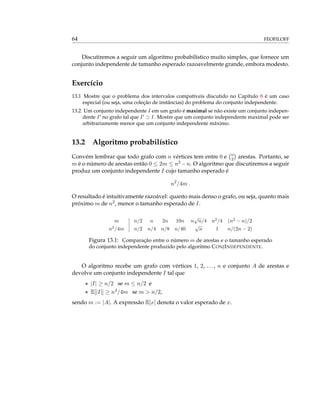 64 FEOFILOFF
Discutiremos a seguir um algoritmo probabilístico muito simples, que fornece um
conjunto independente de tamanho esperado razoavelmente grande, embora modesto.
Exercício
13.1 Mostre que o problema dos intervalos compatíveis discutido no Capítulo 8 é um caso
especial (ou seja, uma coleção de instâncias) do problema do conjunto independente.
13.2 Um conjunto independente I em um grafo é maximal se não existe um conjunto indepen-
dente I no grafo tal que I ⊃ I. Mostre que um conjunto independente maximal pode ser
arbitrariamente menor que um conjunto independente máximo.
13.2 Algoritmo probabilístico
Convém lembrar que todo grafo com n vértices tem entre 0 e n
2 arestas. Portanto, se
m é o número de arestas então 0 ≤ 2m ≤ n2 −n. O algoritmo que discutiremos a seguir
produz um conjunto independente I cujo tamanho esperado é
n2
/4m .
O resultado é intuitivamente razoável: quanto mais denso o grafo, ou seja, quanto mais
próximo m de n2, menor o tamanho esperado de I.
m n/2 n 2n 10n n
√
n/4 n2
/4 (n2
− n)/2
n2
/4m n/2 n/4 n/8 n/40
√
n 1 n/(2n − 2)
Figura 13.1: Comparação entre o número m de arestas e o tamanho esperado
do conjunto independente produzido pelo algoritmo CONJINDEPENDENTE.
O algoritmo recebe um grafo com vértices 1, 2, ..., n e conjunto A de arestas e
devolve um conjunto independente I tal que
• |I| ≥ n/2 se m ≤ n/2 e
• E[|I|] ≥ n2/4m se m > n/2,
sendo m := |A|. A expressão E[x] denota o valor esperado de x.
 