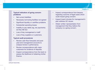 KAPLAN PUBLISHING 101
Chapter 11
Typical indicators of going concern
problems
• Net current liabilities
• Necessary borrowing facilities not agreed
• Significant liquidity or cashflow problems
• Substantial operating losses
• Inability to pay debts (eg, tax payments)
as they fall due
• Loss of key management or staff
• Loss of key suppliers or customers.
Typical audit procedures
• Review cash flow forecasts and post-
year-end management accounts to
analyse trends in performance.
• Review correspondence with major
customers for evidence of disputes.
• Inspect correspondence from the bank to
assess the likelihood of obtaining further
finance.
• Inspect correspondence from lawyers
regarding outcome of legal cases which
could impact going concern.
• Inspect board minutes for management’s
plan address GC issues.
• Obtain written representation from
management that they believe the
company is a going concern.
 