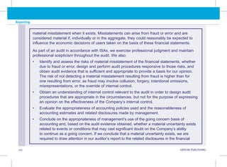 110 KAPLAN PUBLISHING KA
Reporting
material misstatement when it exists. Misstatements can arise from fraud or error and are
considered material if, individually or in the aggregate, they could reasonably be expected to
influence the economic decisions of users taken on the basis of these financial statements.
As part of an audit in accordance with ISAs, we exercise professional judgment and maintain
professional scepticism throughout the audit. We also:
• Identify and assess the risks of material misstatement of the financial statements, whether
due to fraud or error, design and perform audit procedures responsive to those risks, and
obtain audit evidence that is sufficient and appropriate to provide a basis for our opinion.
The risk of not detecting a material misstatement resulting from fraud is higher than for
one resulting from error, as fraud may involve collusion, forgery, intentional omissions,
misrepresentations, or the override of internal control.
• Obtain an understanding of internal control relevant to the audit in order to design audit
procedures that are appropriate in the circumstances, but not for the purpose of expressing
an opinion on the effectiveness of the Company’s internal control.
• Evaluate the appropriateness of accounting policies used and the reasonableness of
accounting estimates and related disclosures made by management.
• Conclude on the appropriateness of management’s use of the going concern basis of
accounting and, based on the audit evidence obtained, whether a material uncertainty exists
related to events or conditions that may cast significant doubt on the Company’s ability
to continue as a going concern. If we conclude that a material uncertainty exists, we are
required to draw attention in our auditor’s report to the related disclosures in the financial
 