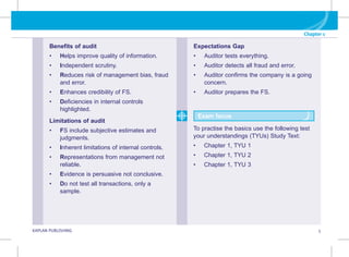 Chapter 1
G KAPLAN PUBLISHING 5
Exam focus
To practise the basics use the following test
your understandings (TYUs) Study Text:
• Chapter 1, TYU 1
• Chapter 1, TYU 2
• Chapter 1, TYU 3
Benefits of audit
• Helps improve quality of information.
• Independent scrutiny.
• Reduces risk of management bias, fraud
and error.
• Enhances credibility of FS.
• Deficiencies in internal controls
highlighted.
Limitations of audit
• FS include subjective estimates and
judgments.
• Inherent limitations of internal controls.
• Representations from management not
reliable.
• Evidence is persuasive not conclusive.
• Do not test all transactions, only a
sample.
Expectations Gap
• Auditor tests everything.
• Auditor detects all fraud and error.
• Auditor confirms the company is a going
concern.
• Auditor prepares the FS.
 