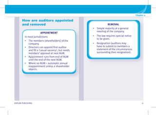 Chapter 2
G KAPLAN PUBLISHING 11
How are auditors appointed
and removed
APPOINTMENT
In most jurisdictions
• The members (shareholders) of the
company.
• 
Directors can appoint first auditor
and fill a ‘casual vacancy’, but needs
members’ approval at next AGM.
• 
Appointment runs from end of AGM
until the end of the next AGM.
• 
Where no AGM – automatic annual
reappointment unless a shareholder
objects.
REMOVAL
• 
Simple majority at a general
meeting of the company.
• The law requires special notice
to be given.
• 
Resignation (auditors may
have to submit to members a
statement of the circumstances
surrounding their resignation).
 