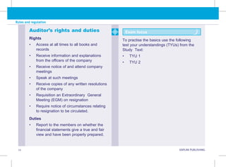 Rules and regulation
12 KAPLAN PUBLISHING KA
Auditor’s rights and duties
Rights
• Access at all times to all books and
records
• 
Receive information and explanations
from the officers of the company
• 
Receive notice of and attend company
meetings
• Speak at such meetings
• 
Receive copies of any written resolutions
of the company
• Requisition an Extraordinary General
Meeting (EGM) on resignation
• Require notice of circumstances relating
to resignation to be circulated.
Duties
• Report to the members on whether the
financial statements give a true and fair
view and have been properly prepared.
Exam focus
To practise the basics use the following
test your understandings (TYUs) from the
Study Text:
• TYU 1
• TYU 2
 