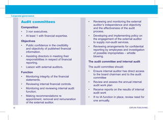 Corporate governance
16 KAPLAN PUBLISHING KA
Audit committees
Composition
• 3 non executives.
• At least 1 with financial expertise.
Objectives
• Public confidence in the credibility
and objectivity of published financial
information.
• Assisting directors in meeting their
responsibilities in respect of financial
reporting.
• Liaison with external auditors.
Function
• Monitoring integrity of the financial
statements.
• Reviewing internal financial controls.
• Monitoring and reviewing internal audit
function.
• Making recommendations re
appointment, removal and remuneration
of the external auditor.
• Reviewing and monitoring the external
auditor’s independence and objectivity
and the effectiveness of the audit
process.
• Developing and implementing policy on
the engagement of the external auditor
to supply non-audit services.
• Reviewing arrangements for confidential
reporting by employees and investigation
of possible improprieties – whistle
blowing.
The audit committee and internal audit
The audit committee should:
• Ensure internal auditor has direct access
to the board chairman and to the audit
committee
• Review and assess the annual internal
audit work plan
• Receive reports on the results of internal
audit work
• If no IA function in place, review need for
one annually.
 