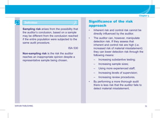 KAPLAN PUBLISHING 35
Chapter 5
KAPLAN PUBLISHING 35
Sampling risk arises from the possibility that
the auditor’s conclusion, based on a sample
may be different from the conclusion reached
if the entire population were subjected to the
same audit procedure.
ISA 530
Non-sampling risk is the risk the auditor
reaches an inappropriate opinion despite a
representative sample being chosen.
Significance of the risk
approach
• Inherent risk and control risk cannot be
directly influenced by the auditor.
• The auditor can, however, manipulate
detection risk. If they assess that
inherent and control risk are high (i.e.
increased risk of material misstatement)
they can lower detection risk through the
following means:
–
– Increasing substantive testing;
–
– Increasing sample sizes;
–
– Using more experienced staff;
–
– Increasing levels of supervision;
–
– Increasing review procedures.
• By performing a more thorough audit
there is less risk that the auditor fails to
detect material misstatement.
Definition
 