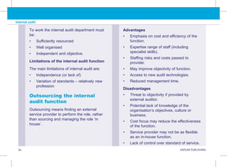 80 KAPLAN PUBLISHING KA
Internal audit
To work the internal audit department must
be:
• Sufficiently resourced
• Well organised
• Independent and objective.
Limitations of the internal audit function
The main limitations of internal audit are:
• Independence (or lack of)
• Variation of standards – relatively new
profession
Outsourcing the internal
audit function
Outsourcing means finding an external
service provider to perform the role, rather
than sourcing and managing the role ‘in
house’.
Advantages
• Emphasis on cost and efficiency of the
function.
• Expertise range of staff (including
specialist skills).
• Staffing risks and costs passed to
provider.
• May improve objectivity of function.
• Access to new audit technologies.
• Reduced management time.
Disadvantages
• Threat to objectivity if provided by
external auditor.
• Potential lack of knowledge of the
organisation’s objectives, culture or
business.
• Cost focus may reduce the effectiveness
of the function.
• Service provider may not be as flexible
as an in-house function.
• Lack of control over standard of service.
 