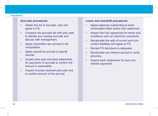 Procedures
88 KAPLAN PUBLISHING
Accruals procedures
• Obtain the list of accruals, cast and
agree to FS.
• Compare the accruals list with prior year
to identify any missing accruals and
discuss with management.
• Agree corporation tax accrual to tax
computation.
• Agree payroll tax accrual to payroll
records.
• Inspect post year end bank statements
for payments of accruals to confirm the
amount is reasonable.
• Inspect invoices received post year end
to confirm amount of the accrual.
Loans and overdraft procedures
• Agree balances outstanding to bank
confirmation letter and/or loan statement.
• Inspect the loan agreement for terms and
conditions such as restrictive covenants.
• Recalculate the split of current and non-
current liabilities and agree to FS.
• Review FS disclosure is adequate.
• Recalculate any interest accrual to verify
accuracy.
• Inspect bank statements for loan and
interest payments.
 