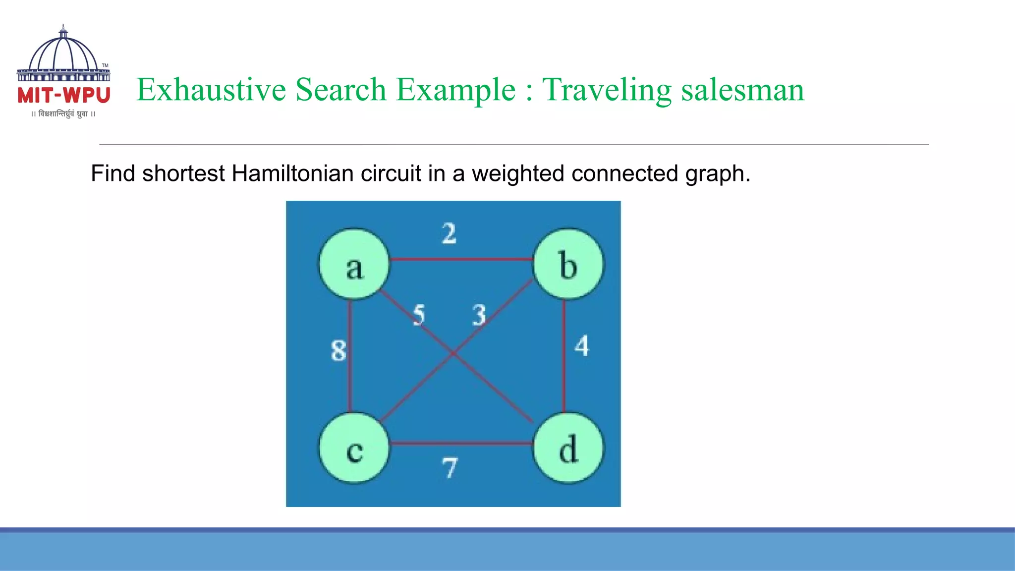 Exhaustive Search Example : Traveling salesman
Find shortest Hamiltonian circuit in a weighted connected graph.
 
