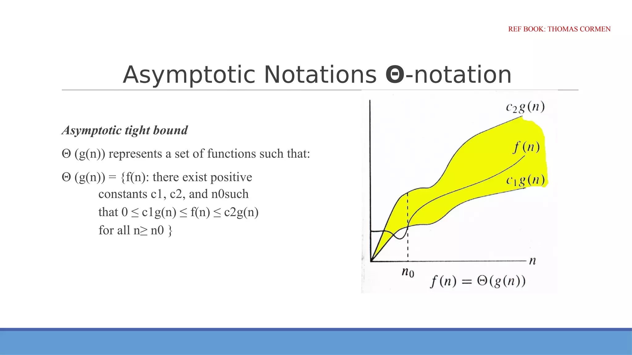 Asymptotic Notations Θ-notation
Asymptotic tight bound
Θ (g(n)) represents a set of functions such that:
Θ (g(n)) = {f(n): there exist positive
constants c1, c2, and n0such
that 0 ≤ c1g(n) ≤ f(n) ≤ c2g(n)
for all n≥ n0 }
REF BOOK: THOMAS CORMEN
 