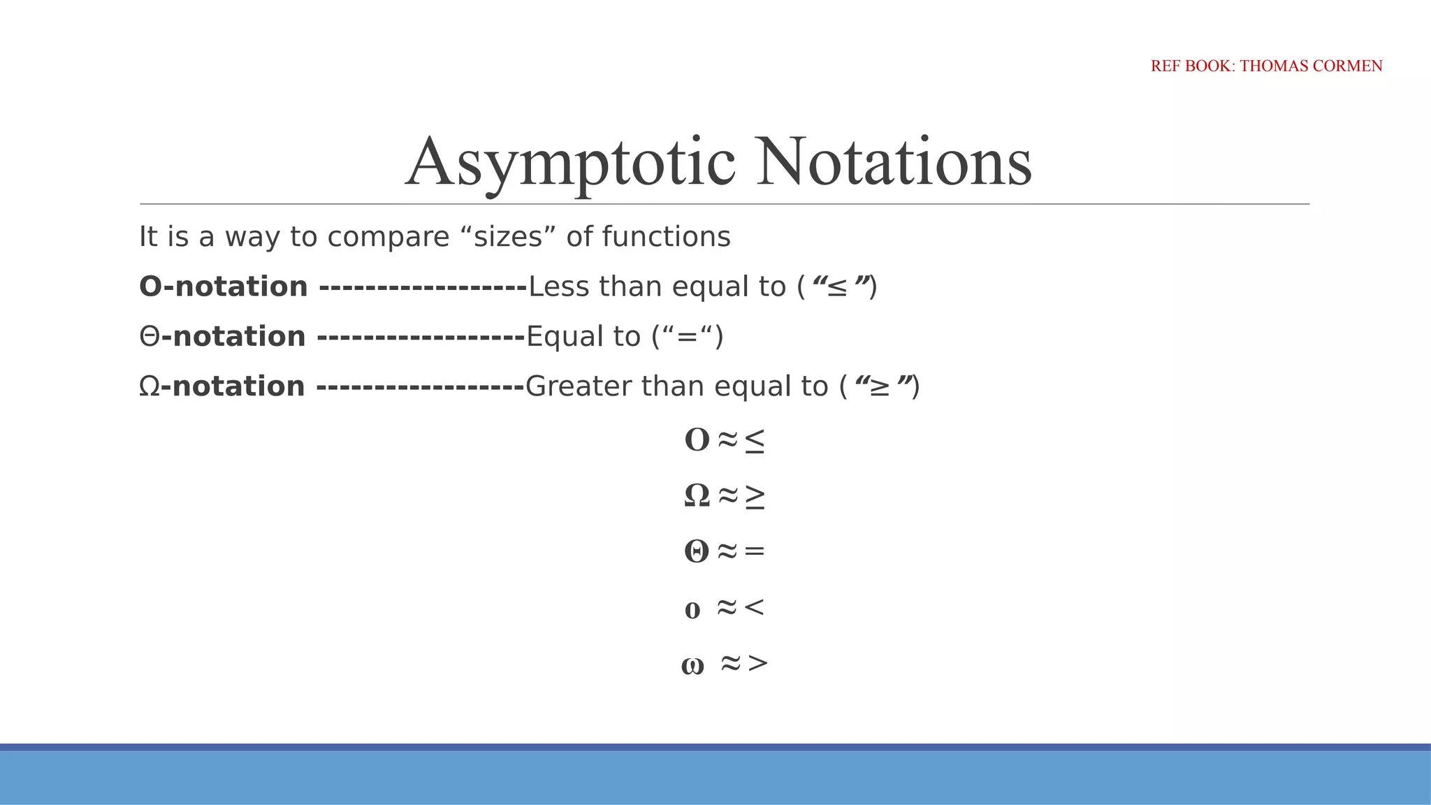Asymptotic Notations
It is a way to compare “sizes” of functions
O-notation ------------------Less than equal to (“≤”)
Θ-notation ------------------Equal to (“=“)
Ω-notation ------------------Greater than equal to (“≥”)
O ≈ ≤
Ω ≈ ≥
Θ ≈ =
o ≈ <
ω ≈ >
REF BOOK: THOMAS CORMEN
 