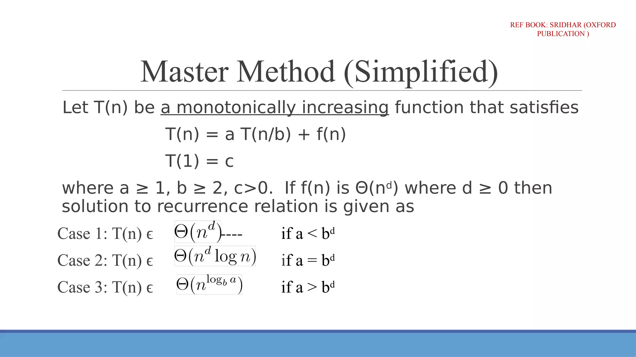 Master Method (Simplified)
Let T(n) be a monotonically increasing function that satisfies
T(n) = a T(n/b) + f(n)
T(1) = c
where a ≥ 1, b ≥ 2, c>0. If f(n) is Θ(nd
) where d ≥ 0 then
solution to recurrence relation is given as
Case 1: T(n) ϵ -------- if a < bd
Case 2: T(n) ϵ -------- if a = bd
Case 3: T(n) ϵ -------- if a > bd
REF BOOK: SRIDHAR (OXFORD
PUBLICATION )
 