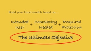 Build your Excel models based on…
Intended
User
The Ultimate Objective
Complexity
Needed
Required
Protection
+ +
 