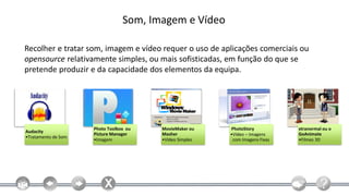 Som, Imagem e Vídeo

Recolher e tratar som, imagem e vídeo requer o uso de aplicações comerciais ou
opensource relativamente simples, ou mais sofisticadas, em função do que se
pretende produzir e da capacidade dos elementos da equipa.




                     Photo Toolbox ou   MovieMaker ou    PhotoStory           xtranormal ou o
Audacity
                     Picture Manager    Masher           •Vídeo – Imagens     GoAnimate
•Tratamento de Som
                     •Imagem            •Vídeo Simples    com Imagens Fixas   •Filmes 3D
 