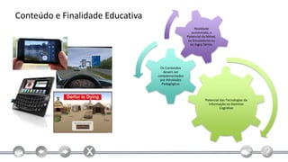 Conteúdo e Finalidade Educativa
                                                         Realidade
                                                       aumentada, o
                                                    Potencial do Móvel,
                                                     os Simuladores ou
                                                      os Jogos Sérios.




                                   Os Conteúdos
                                     devem ser
                                  complementados
                                   por Atividades
                                    Pedagógicas



                                                               Potencial das Tecnologias da
                                                                 Informação no Domínio
                                                                         Cognitivo
 
