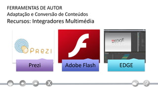 FERRAMENTAS DE AUTOR
Adaptação e Conversão de Conteúdos
Recursos: Integradores Multimédia




         Prezi          Adobe Flash   EDGE
 