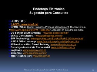 Endereço Eletrônico
                    Sugestão para Consultas

 JUSE (1991)
 LABP3. www.labp3.net
BPMG (2005). Global Business Process Management. Disponível em:
<http://www.bpmg.org/BPM_Tools.php>. Acesso: 24 de julho de 2005.
DS-Scheer South America - www.ids-scheer.com.br
JCR & Consultores. - www.pachecones.com.br
EFF Technology. www.geocities.com/Eureka/Park/9210/index.html
NAE & GM – Unicamp. www.fem.unicamp.br/~defhp/bnucl.htm
Millennium – Web Based Training. www.millennium.com.br
Estratege Assessoria Empresarial. www.estratege.com.br
Logicway. www.logicway.com.br
Expertise. www.expertise.com.br
TRCR Technology. www.trcr.com.br




             Método de Análise e Solução de Problema (MASP) -Prof. Saulo Barbará   39
 
