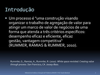 Introdução
 Um processo é "uma construção visando
  organizar o trabalho de agregação de valor para
  atingir um marco de valor de negócios de uma
  forma que atenda a três critérios específicos:
  desempenho eficaz e eficiente, eficaz
  gestão, vantagem competitiva“
  (RUMMER, RAMIAS & RUMMER, 2010).


   Rummler, G., Ramias, A., Rummler, R. (2010). White space revisited: Creating value
   through process. San Francisco, CA. Jossey-Bass.


                 Método de Análise e Solução de Problema (MASP) -Prof. Saulo Barbará    7
 