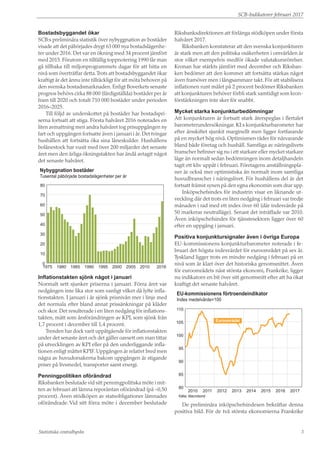 SCB-Indikatorer februari 2017
Statistiska centralbyrån 3
Bostadsbyggandet ökar
SCB:s preliminära statistik över nybyggnation av bostäder
visade att det påbörjades drygt 63 000 nya bostadslägenhe-
ter under 2016. Det var en ökning med 34 procent jämfört
med 2015. Förutom en tillfällig toppnotering 1990 får man
gå tillbaka till miljonprogrammets dagar för att hitta en
nivå som överträffar detta.Trots att bostadsbyggandet ökar
kraftigt är det ännu inte tillräckligt för att möta behoven på
den svenska bostadsmarknaden. Enligt Boverkets senaste
prognos behövs cirka 88 000 (färdigställda) bostäder per år
fram till 2020 och totalt 710 000 bostäder under perioden
2016–2025.
Till följd av underskottet på bostäder har bostadspri-
serna fortsatt att stiga. Första halvåret 2016 noterades en
liten avmattning men andra halvåret tog prisuppgången ny
fart och uppgången fortsatte även i januari i år. Det tvingar
hushållen att fortsätta öka sina låneskulder. Hushållens
bolånestock har vuxit med över 200 miljarder det senaste
året men den årliga ökningstakten har ändå avtagit något
det senaste halvåret.
Nybyggnation bostäder
Tusental påbörjade bostadslägenheter per år
0
10
20
30
40
50
60
70
80
201620102005200019951990198519801975
Inflationstakten sjönk något i januari
Normalt sett sjunker priserna i januari. Förra året var
nedgången inte lika stor som vanligt vilket då lyfte infla-
tionstakten. I januari i år sjönk prisnivån mer i linje med
det normala efter bland annat prissänkningar på kläder
och skor. Det resulterade i en liten nedgång för inflations-
takten, mätt som årsförändringen av KPI, som sjönk från
1,7 procent i december till 1,4 procent.
Trenden har dock varit uppåtgående för inflationstakten
under det senaste året och det gäller oavsett om man tittar
på utvecklingen av KPI eller på den underliggande infla-
tionen enligt måttet KPIF. Uppgången är relativt bred men
några av huvudorsakerna bakom uppgången är stigande
priser på livsmedel, transporter samt energi.
Penningpolitiken oförändrad
Riksbanken beslutade vid sitt penningpolitiska möte i mit-
ten av februari att lämna reporäntan oförändrad (på –0,50
procent). Även stödköpen av statsobligationer lämnades
oförändrade. Vid sitt förra möte i december beslutade
Riksbanksdirektionen att förlänga stödköpen under första
halvåret 2017.
Riksbanken konstaterar att den svenska konjunkturen
är stark men att den politiska osäkerheten i omvärlden är
stor vilket exempelvis medför ökade valutakursrörelser.
Kronan har stärkts jämfört med december och Riksban-
ken bedömer att den kommer att fortsätta stärkas något
även framöver men i långsammare takt. För att stabilisera
inflationen runt målet på 2 procent bedömer Riksbanken
att konjunkturen behöver förbli stark samtidigt som kron-
förstärkningen inte sker för snabbt.
Mycket starka konjunkturbedömningar
Att konjunkturen är fortsatt stark återspeglas i flertalet
barometerundersökningar. KI:s konjunkturbarometer har
efter årsskiftet sjunkit marginellt men ligger fortfarande
på en mycket hög nivå. Optimismen råder för närvarande
bland både företag och hushåll. Samtliga av näringslivets
branscher befinner sig nu i ett starkare eller mycket starkare
läge än normalt sedan bedömningen inom detaljhandeln
tagit ett kliv uppåt i februari. Företagens anställningspla-
ner är också mer optimistiska än normalt inom samtliga
huvudbranscher i näringslivet. För hushållens del är det
fortsatt främst synen på den egna ekonomin som drar upp.
Inköpschefsindex för industrin visar en liknande ut-
veckling där det trots en liten nedgång i februari var tredje
månaden i rad med ett index över 60 (där indexvärde på
50 markerar neutralläge). Senast det inträffade var 2010.
Även inköpschefsindex för tjänstesektorn ligger över 60
efter en uppgång i januari.
Positiva konjunktursignaler även i övriga Europa
EU-kommissionens konjunkturbarometer noterade i fe-
bruari det högsta indexvärdet för euroområdet på sex år.
Tyskland ligger trots en mindre nedgång i februari på en
nivå som är klart över det historiska genomsnittet. Även
för euroområdets näst största ekonomi, Frankrike, ligger
nu indikatorn en bit över sitt genomsnitt efter att ha ökat
kraftigt det senaste halvåret.
EU-kommissionens förtroendeindikator
Index medelvärde=100
80
85
90
95
100
105
110
20172016201520142013201220112010
Källa: Macrobond
Euroområdet
De preliminära inköpschefsindexen bekräftar denna
positiva bild. För de två största ekonomierna Frankrike
 