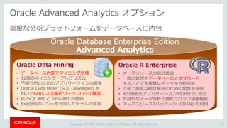 Copyright © 2017 Oracle and/or its affiliates. All rights reserved.
Oracle Database Enterprise Edition
Advanced Analytics
Oracle Data Mining
• データベース内部でマイニング処理
• 12個のマイニング・アルゴリズム
• 予測分析のためのアプリケーションの開発
• Oracle Data Miner (SQL Developer) を
用いたGUIによる解析ワークフローの構築
• PL/SQL API と Java API の提供
• Exadataのパワーを利用したモデルの生成
Oracle Advanced Analytics オプション
高度な分析プラットフォームをデータベースに内包
Oracle R Enterprise
• オープンソースの統計言語
• 一部の処理をデータベースにオフロード
することで大規模なデータを分析可能
• 広範で高度な統計解析のための関数を提供
• Rの機能をアプリケーションやOBIEEに統合
• 対話的なデータ分析と優れたグラフ描画機能
• オープンソースRパッケージ (CRAN) の利用
16
 