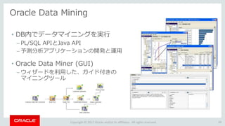 Copyright © 2017 Oracle and/or its affiliates. All rights reserved.
Oracle Data Mining
20
• DB内でデータマイニングを実行
– PL/SQL APIとJava API
– 予測分析アプリケーションの開発と運用
• Oracle Data Miner (GUI)
– ウィザードを利用した、ガイド付きの
マイニングツール
 